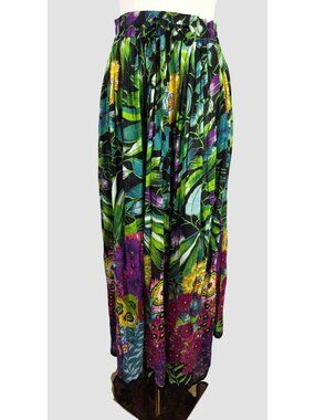 VTG 90s Take Two Maxi Skirt L Crinkled Cotton Tropical Floral Elastic Waist Boho